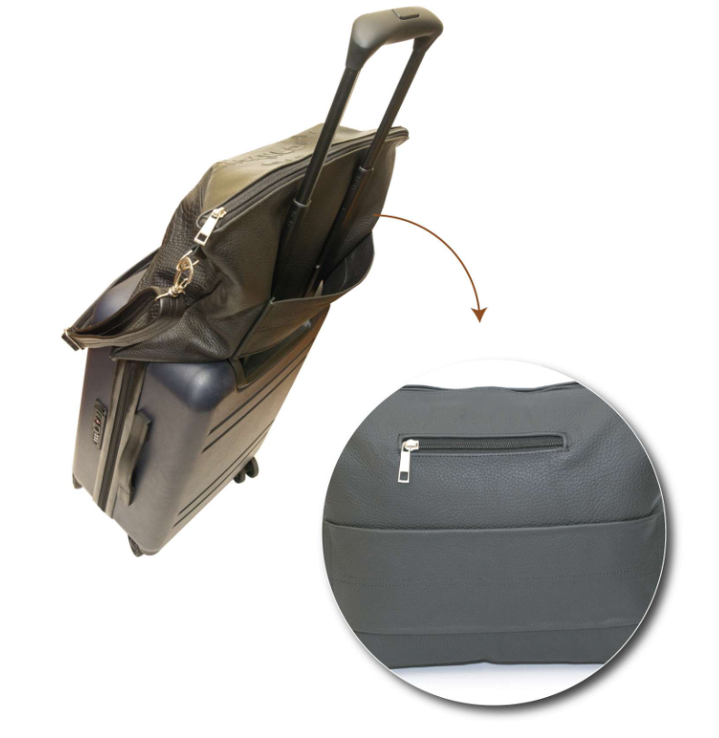 Chic leather tallit/tefillin bag set mounted on suitcase.